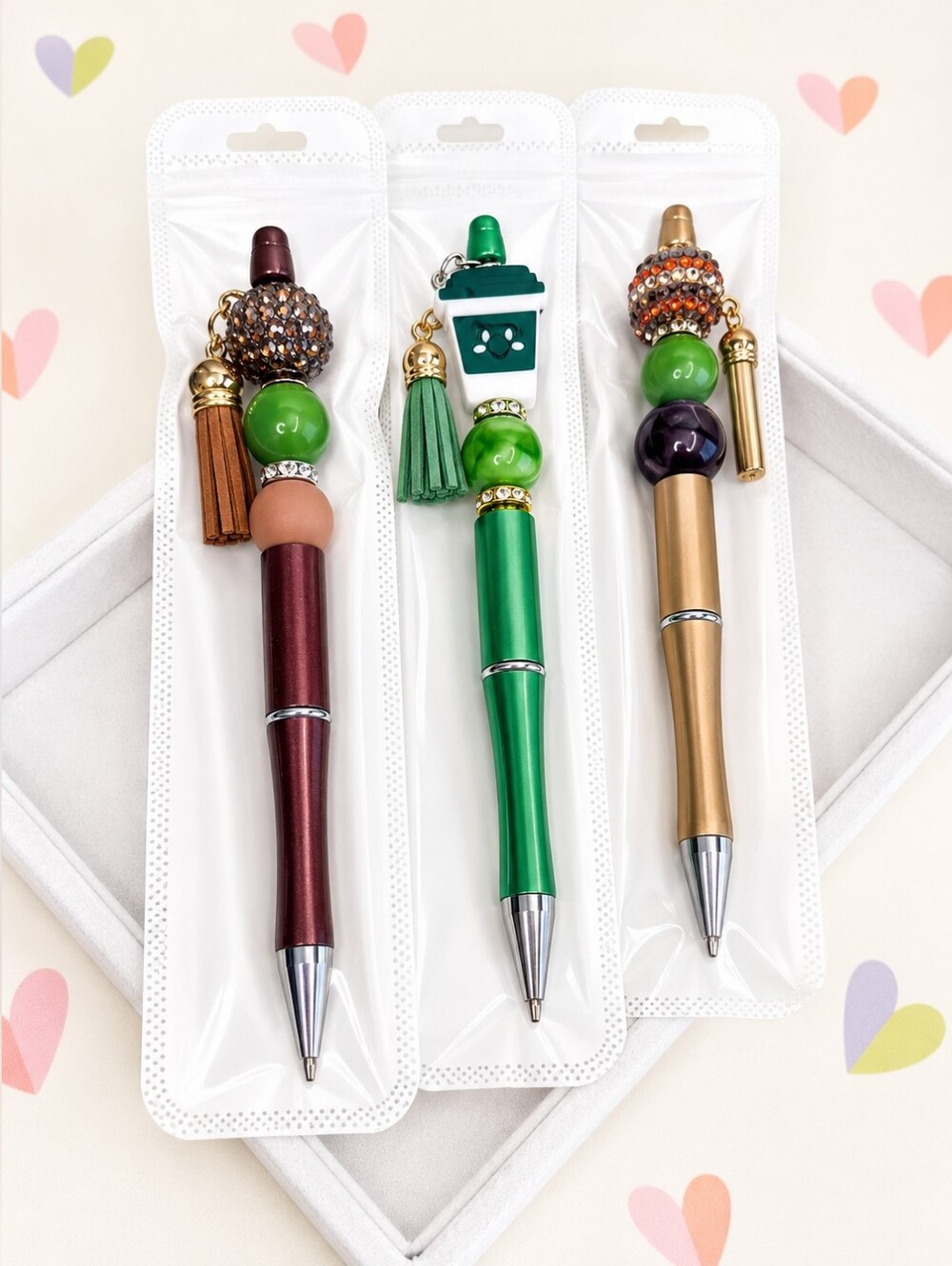 3pc Handmade Decorative Beaded Ballpoint Pen Set – Tassel Charm Coffee Theme